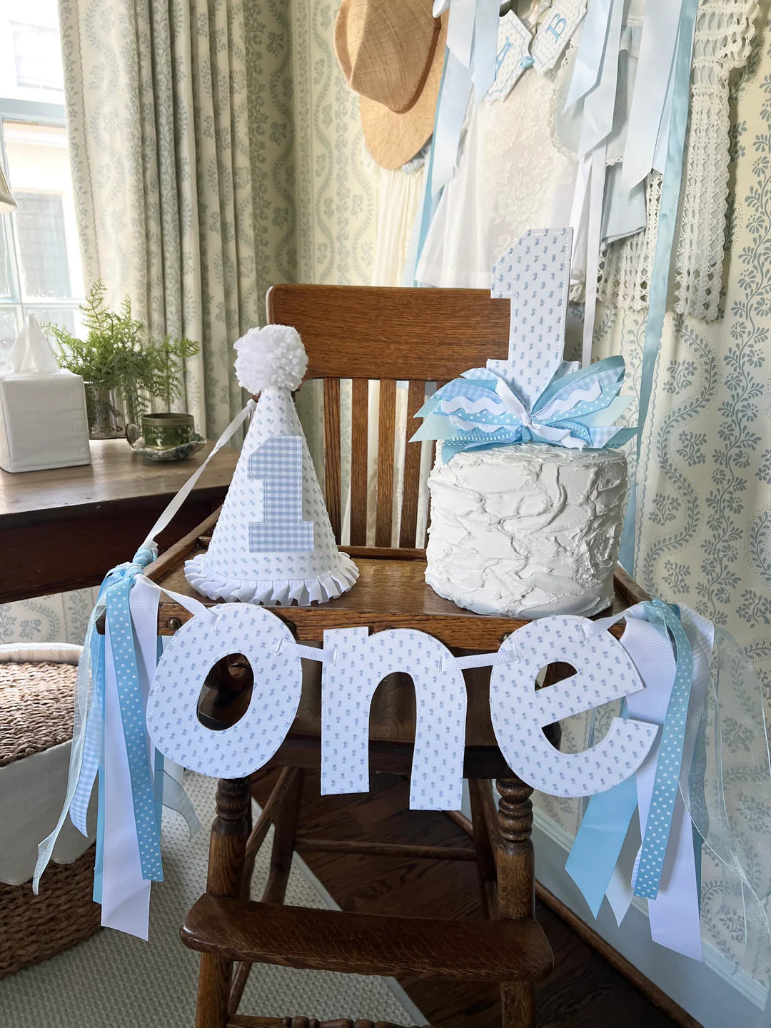 Blue Swiss Dot ONE High Chair Banner