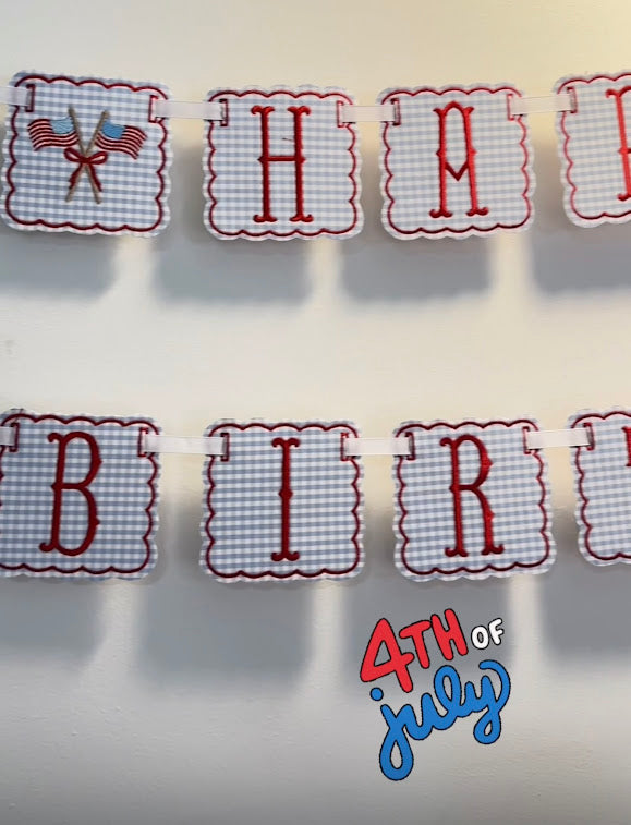 Scalloped Happy Birthday in Blue GIngham and Red Letters