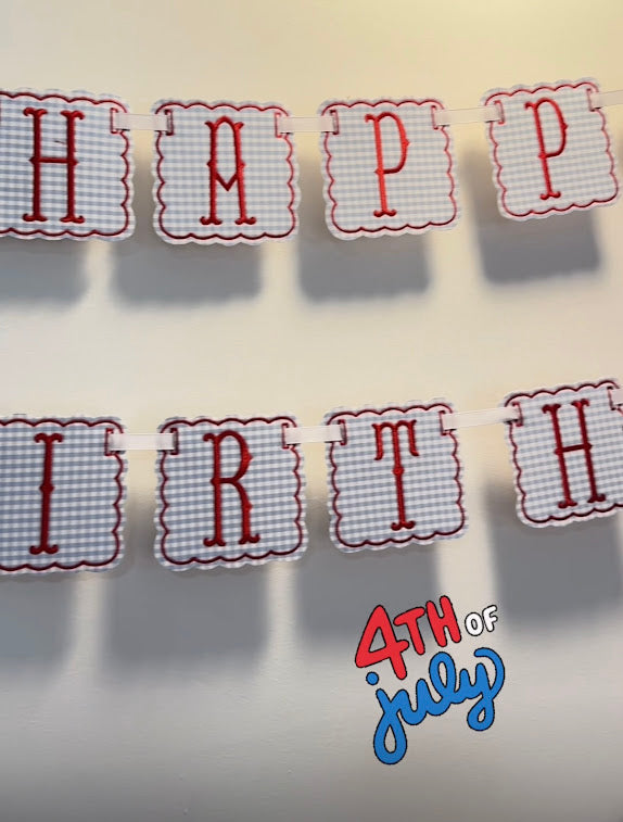 Scalloped Happy Birthday in Blue GIngham and Red Letters