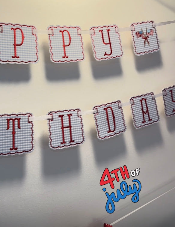 Scalloped Happy Birthday in Blue GIngham and Red Letters