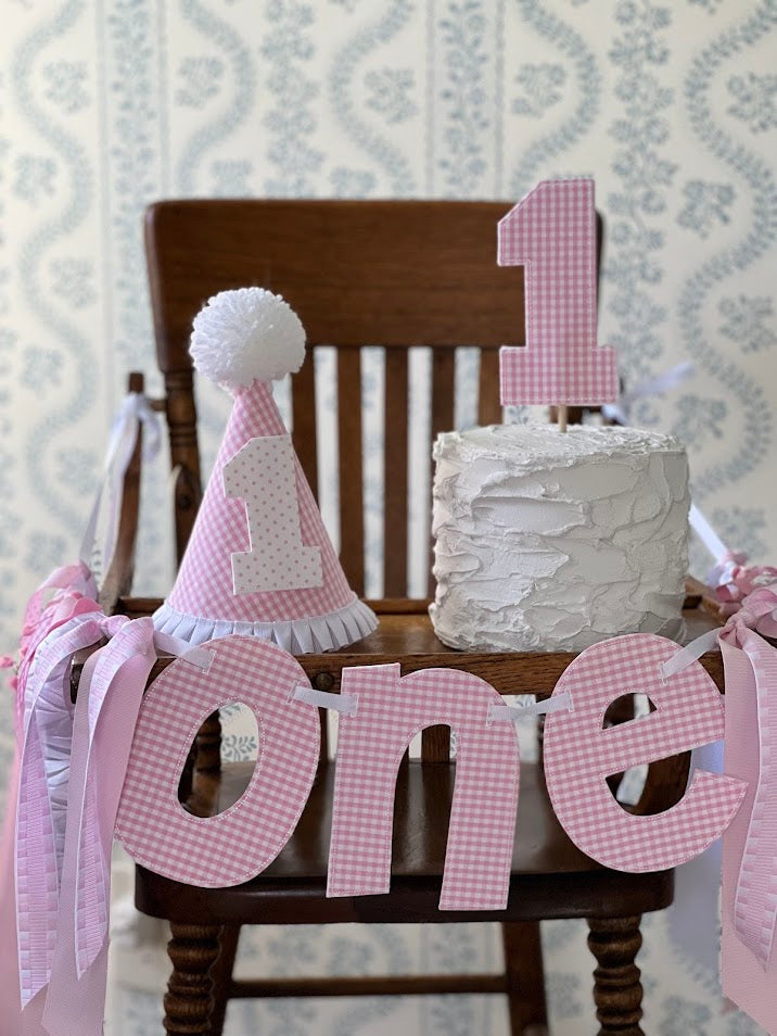 Pink Gingham ONE High Chair Banner