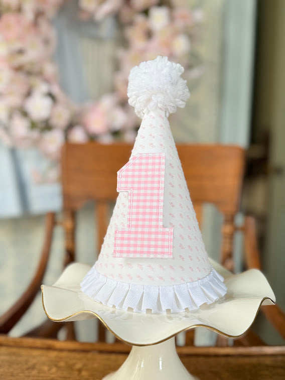 Pink Swiss Dot Birthday Hat with Pink GIngham Number – Little Happies