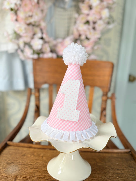 Pink Gingham Birthday Hat with Pink Dot 1