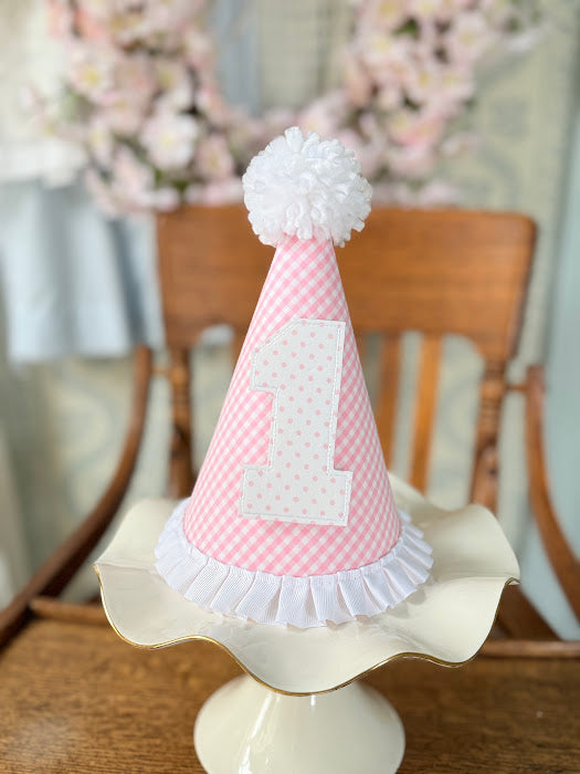 Pink Gingham Birthday Hat with Pink Dot 1