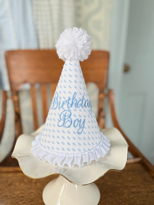 Blue Swiss Dot Birthday Hat with Birthday Boy