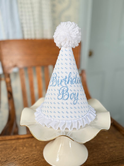 Blue Swiss Dot Birthday Hat with Birthday Boy