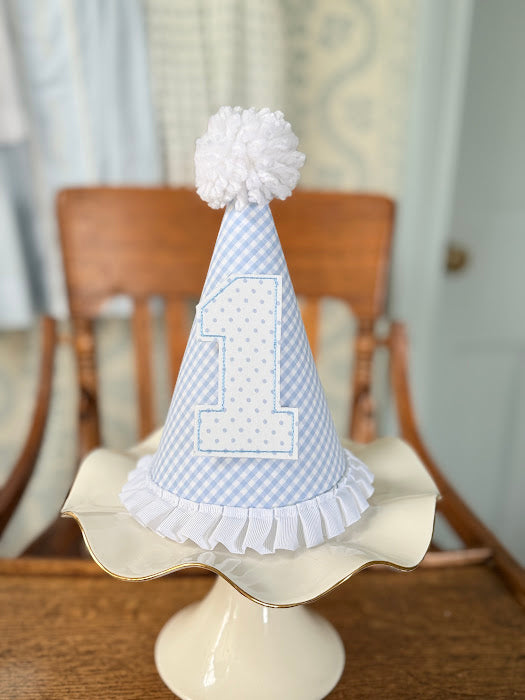 Blue Gingham Birthday Hat with Blue Dot 1