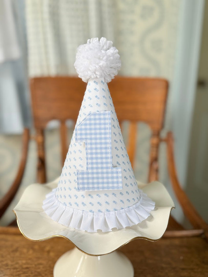 Blue Swiss Dot Birthday Hat with Pink Gingham Number