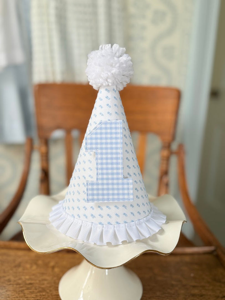 Blue Swiss Dot Birthday Hat with Pink Gingham Number
