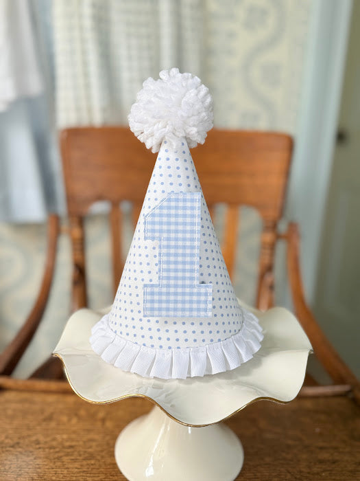 Blue or Pink  Dot Birthday Hat with Blue/Pink Gingham 1