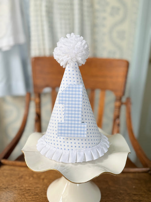 Blue or Pink  Dot Birthday Hat with Blue/Pink Gingham 1