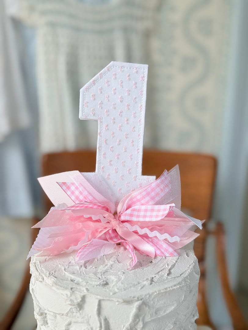 Number 1 Cake Toppers in Pink Swiss Dot