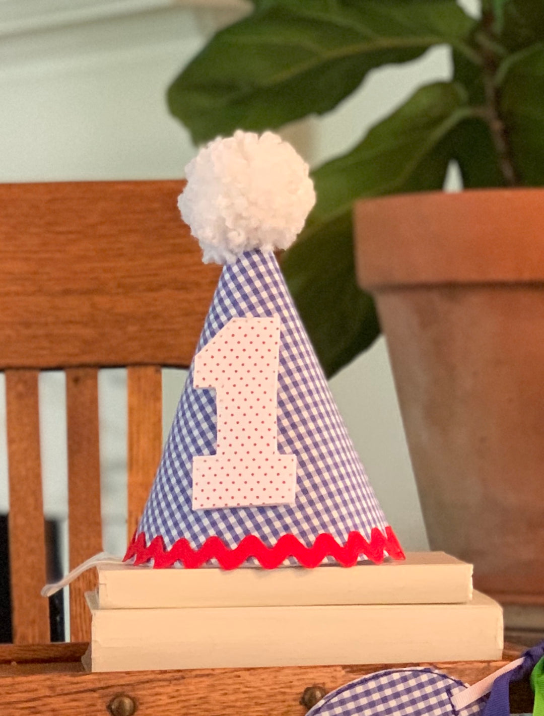 Dark Blue and White Gingham Birthday Hat