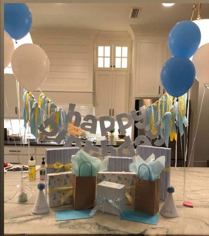 Light Blue Gingham Happy Birthday Banner