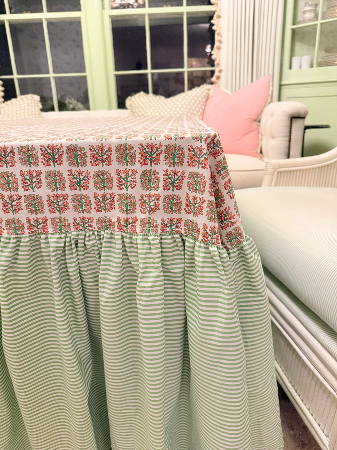 Drop Ruffle Tablecloth in Liberty and Green Stripe