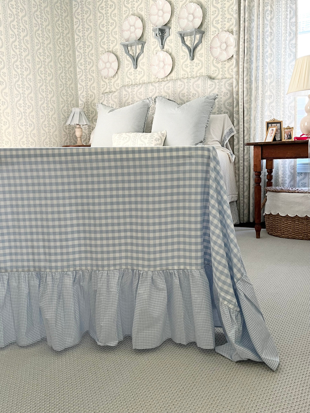 Blue Gingham Tablecloth with Ruffle