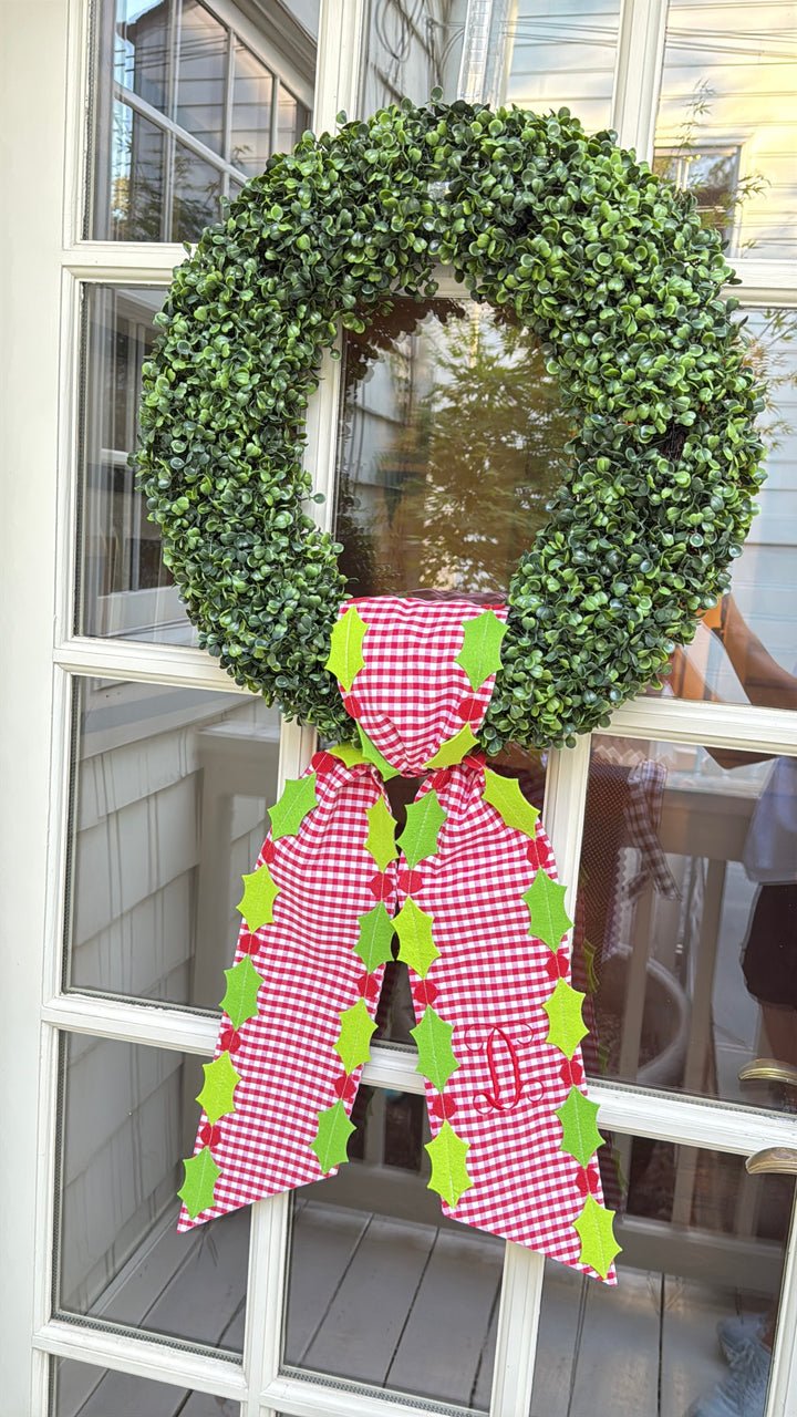 Red Gingham Holly Wreath Sash