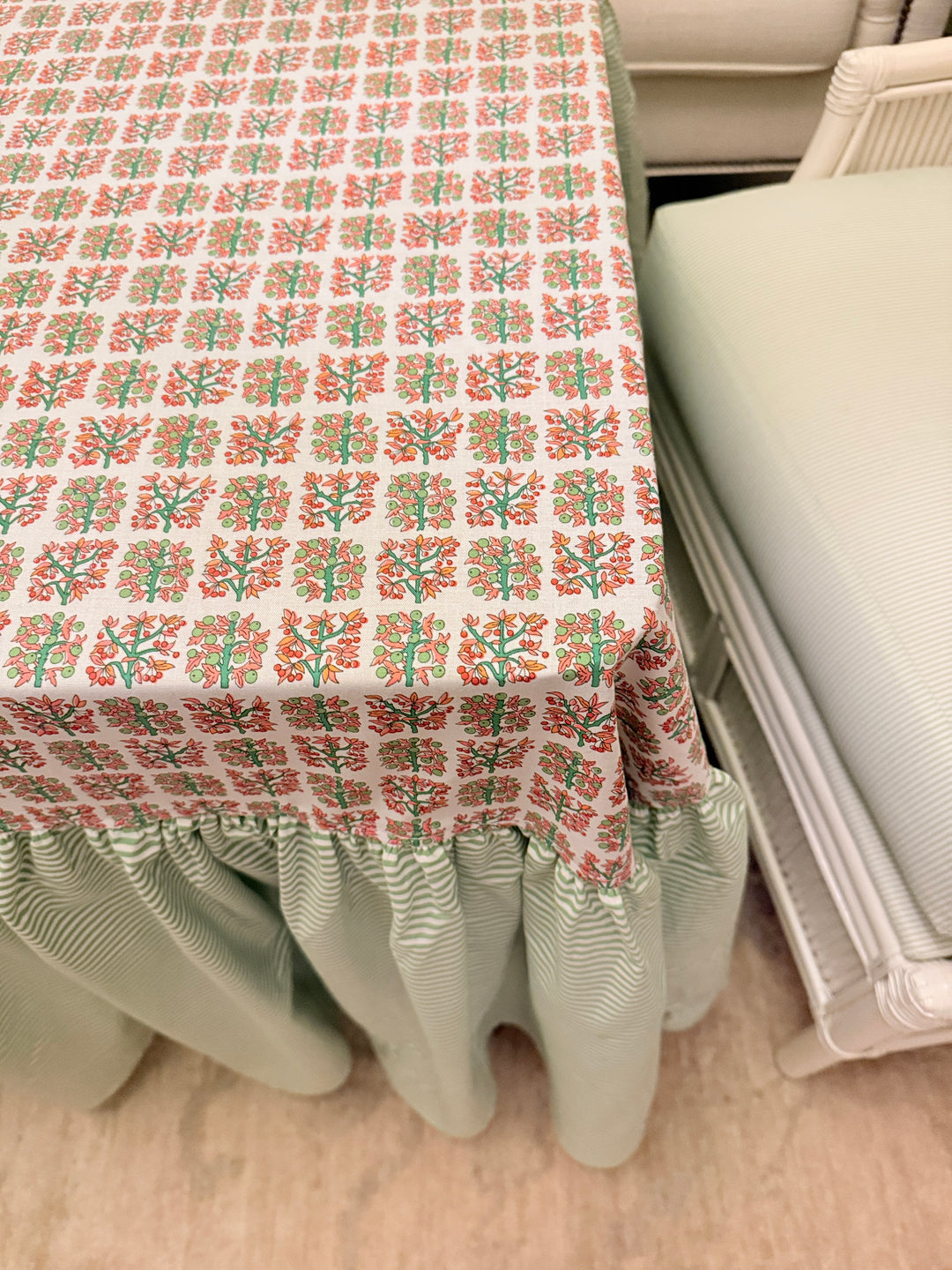 Drop Ruffle Tablecloth in Liberty and Green Stripe