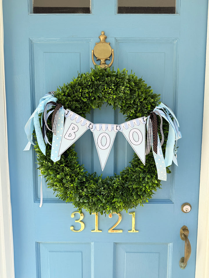 Boo Pennant Wreath Banner in Light Pink and Blue