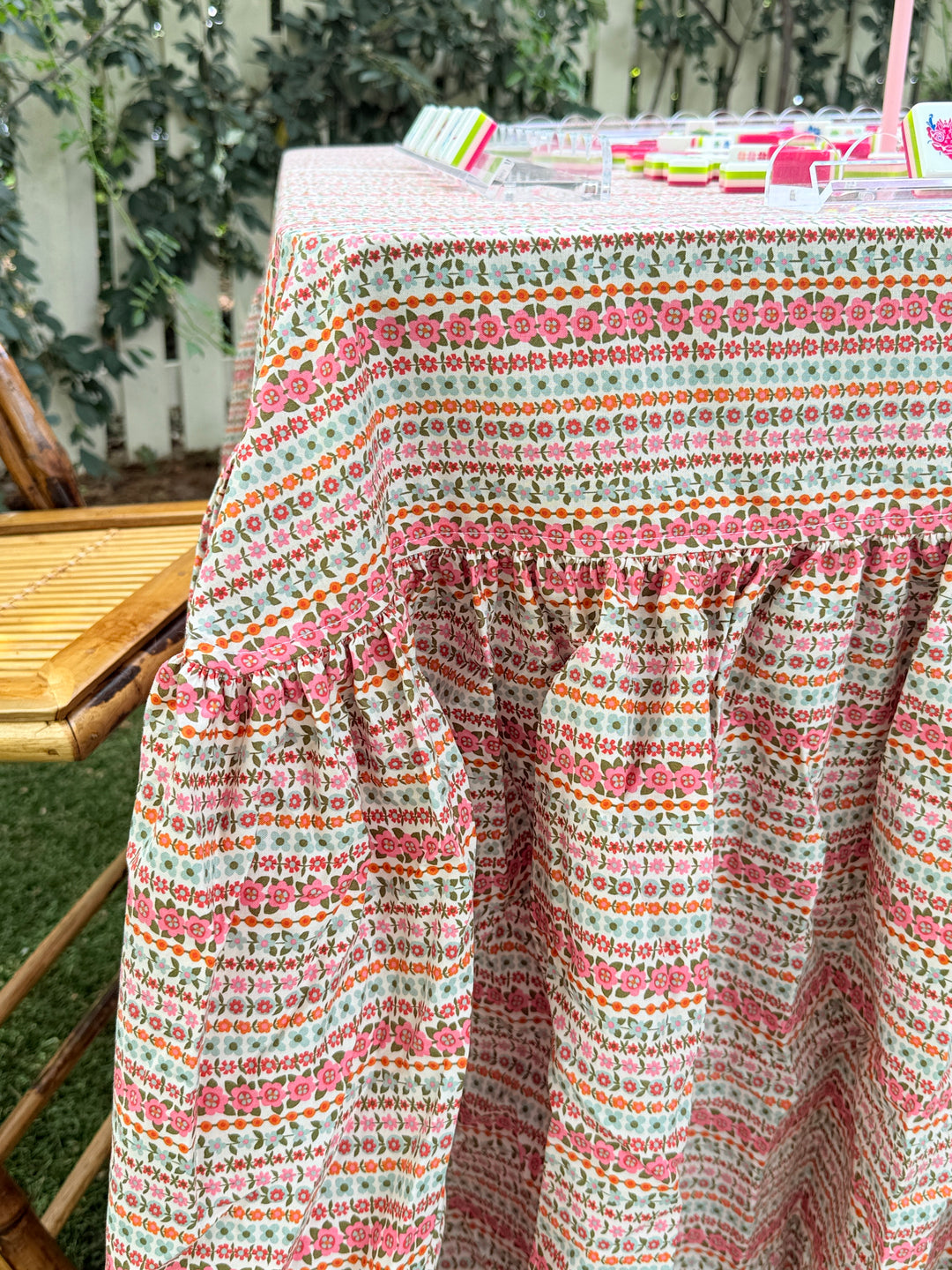 Drop Ruffle Tablecloth in Pink Floral Stripe