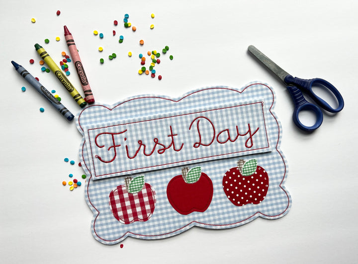 Apple Plaque in First Day in Blue Gingham