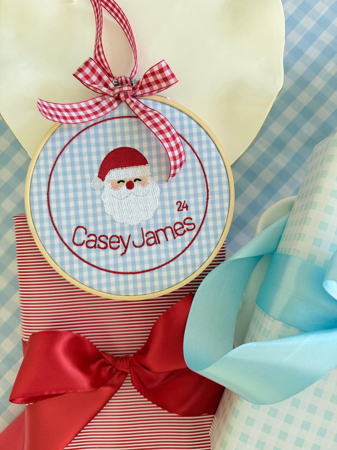 Gingham Santa Ornament with Name