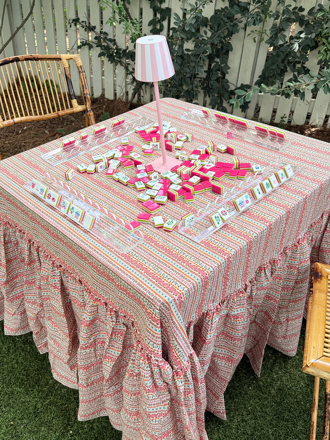 Drop Ruffle Tablecloth in Pink Floral Stripe