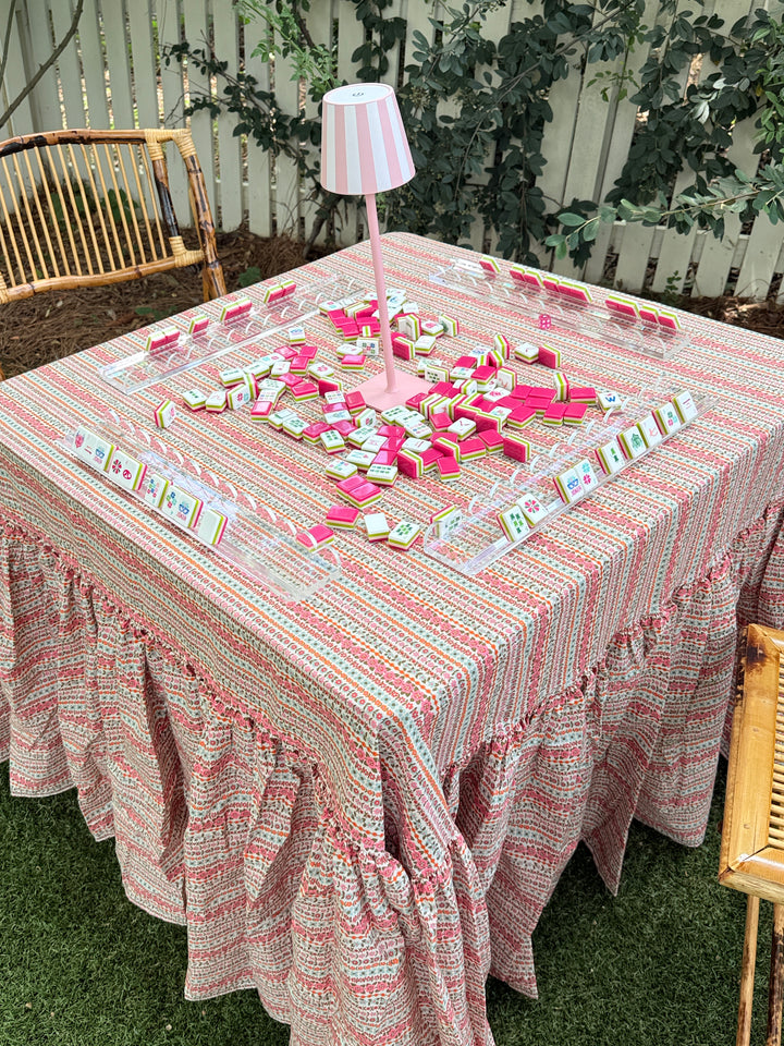 Drop Ruffle Tablecloth in Pink Floral Stripe