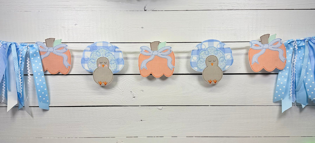 Turkey and Pumpkin Banner in Blue