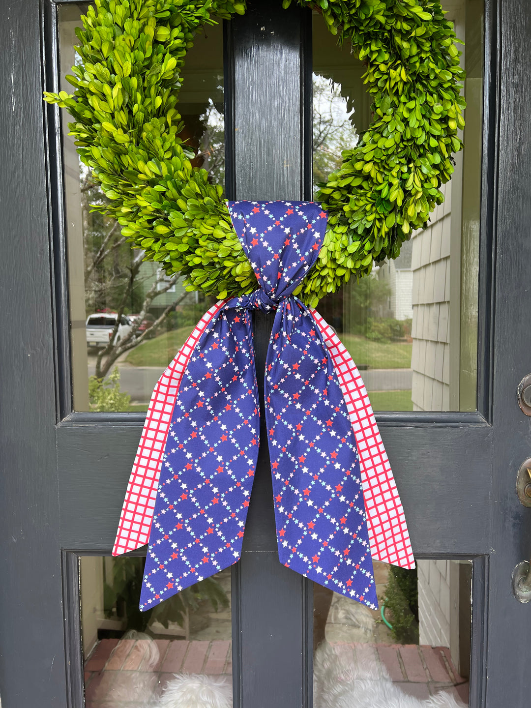 Blue star and red plaid double sash.