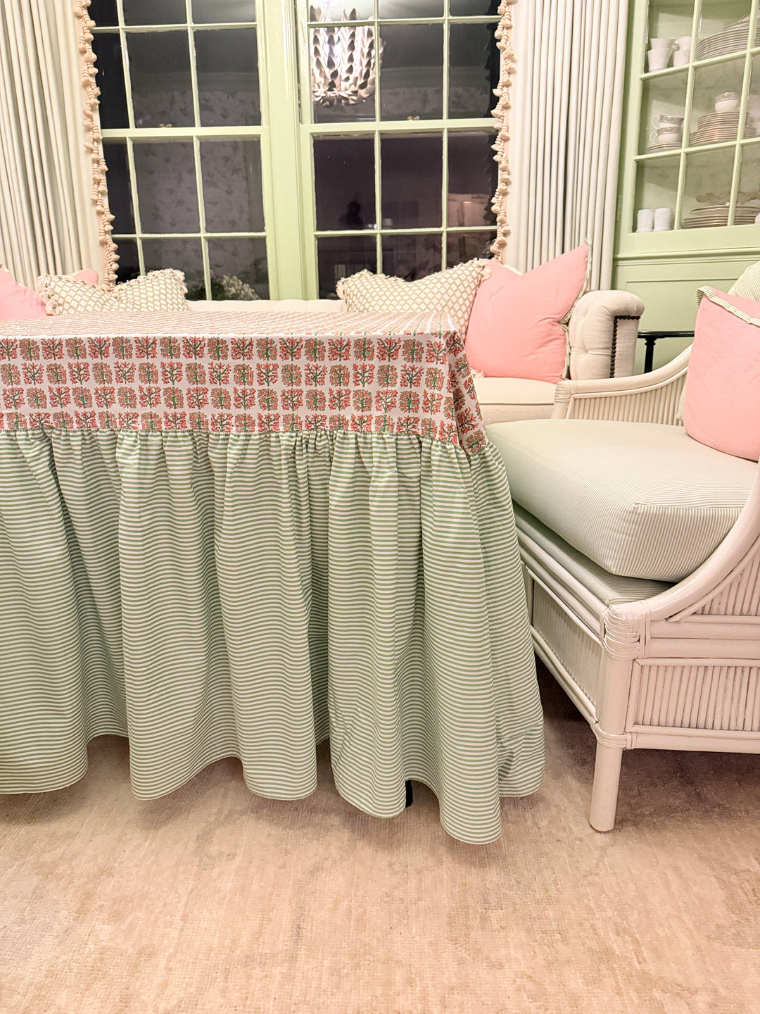 Drop Ruffle Tablecloth in Liberty and Green Stripe