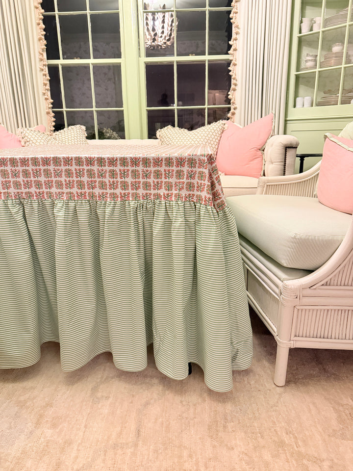 Drop Ruffle Tablecloth in Liberty and Green Stripe
