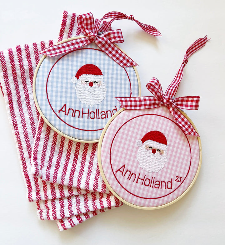 Gingham Santa Ornament with Name