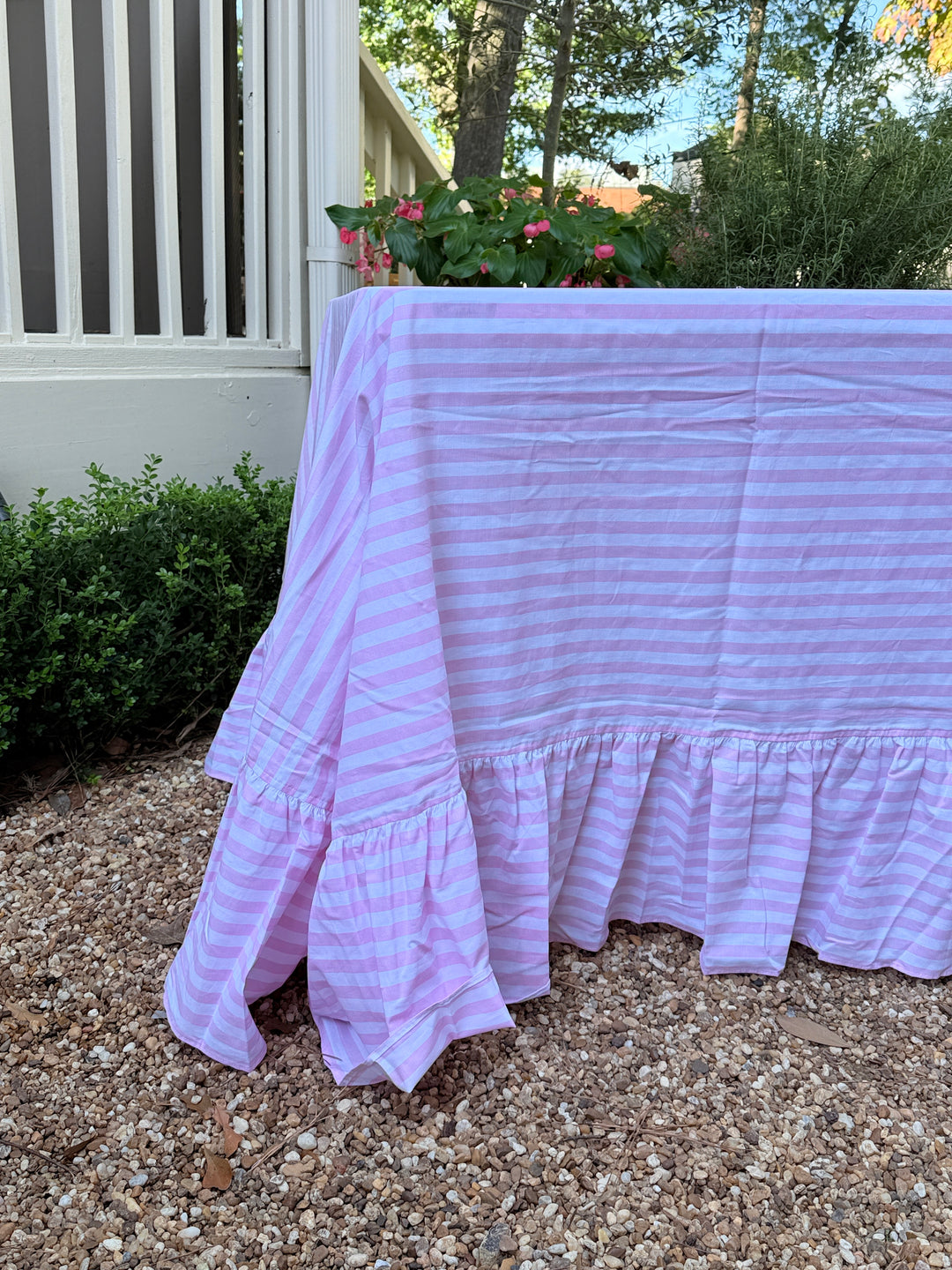 Pink Stripe Ruffle Tablecloth