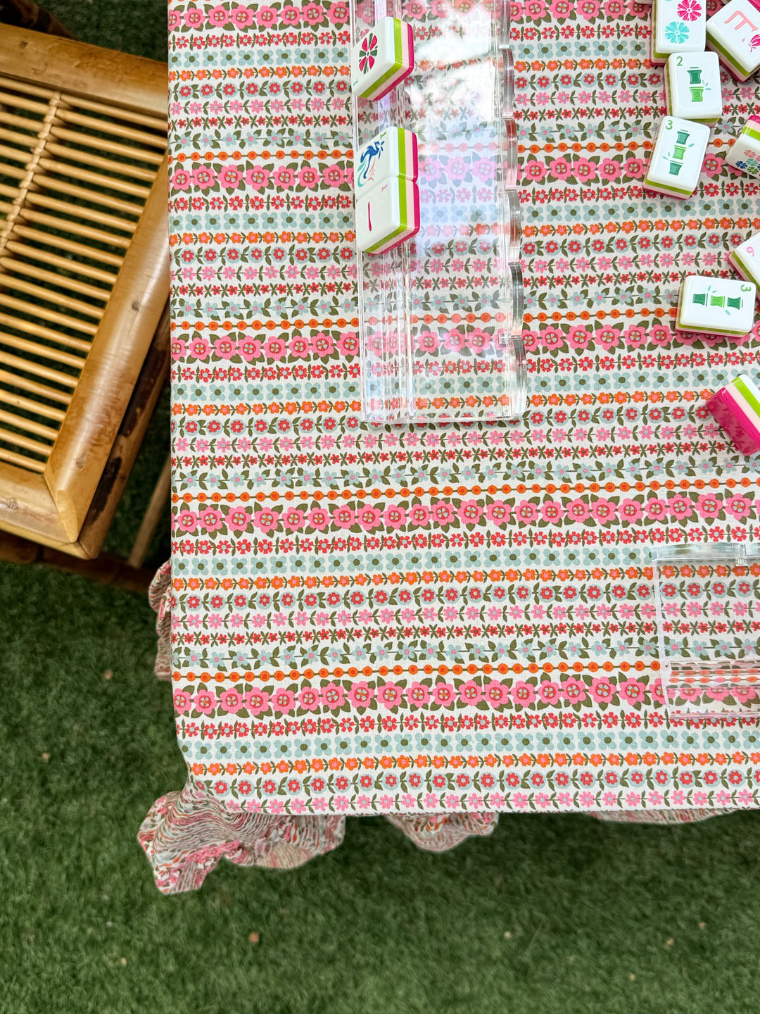 Drop Ruffle Tablecloth in Pink Floral Stripe