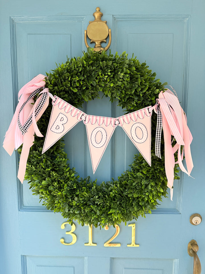 Boo Pennant Wreath Banner in Light Pink and Blue