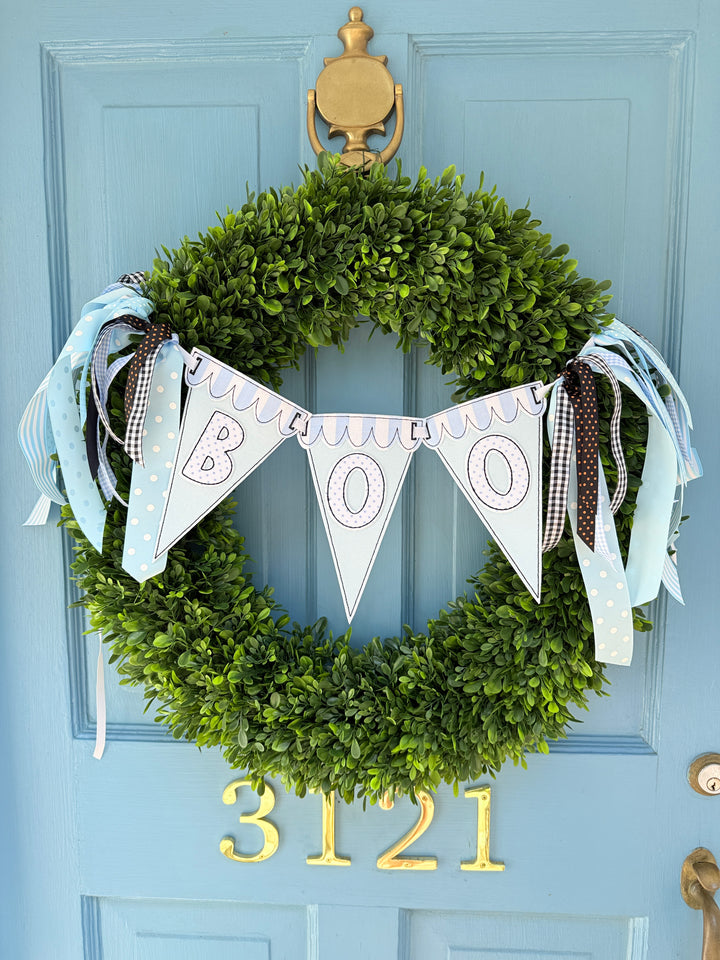 Boo Pennant Wreath Banner in Light Pink and Blue