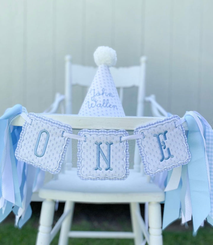 Scalloped ONE High Chair Banner with Ribbons in Blue