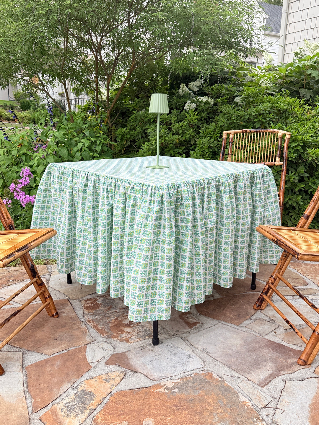 Midi Ruffle Tablecloth in Green Orchard Garden Print