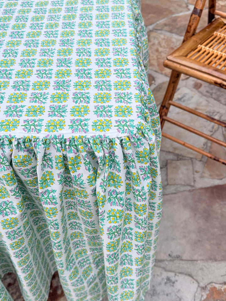 Midi Ruffle Tablecloth in Green Orchard Garden Print