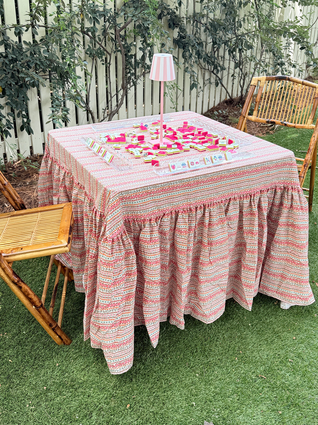 Drop Ruffle Tablecloth in Pink Floral Stripe