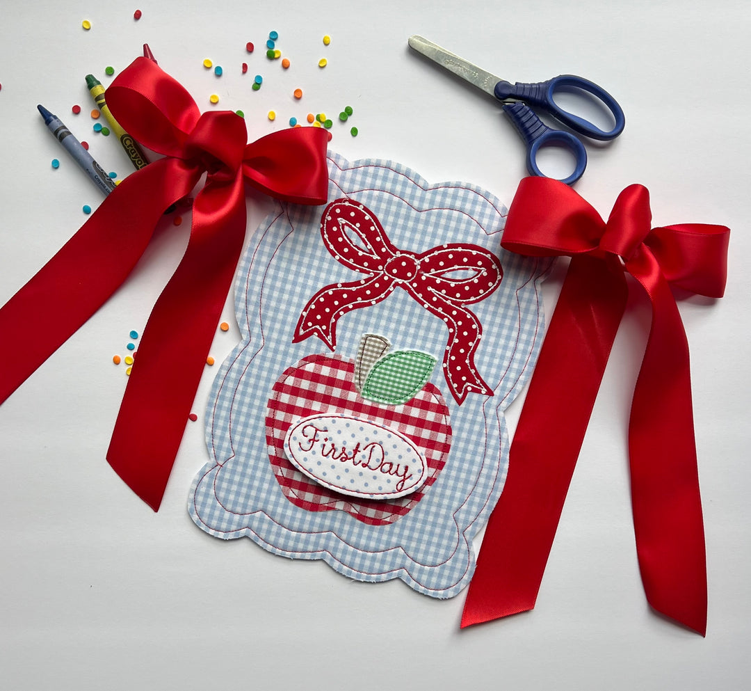 Bow Apple Scalloped Pendant with Satin Bows in Blue and Red