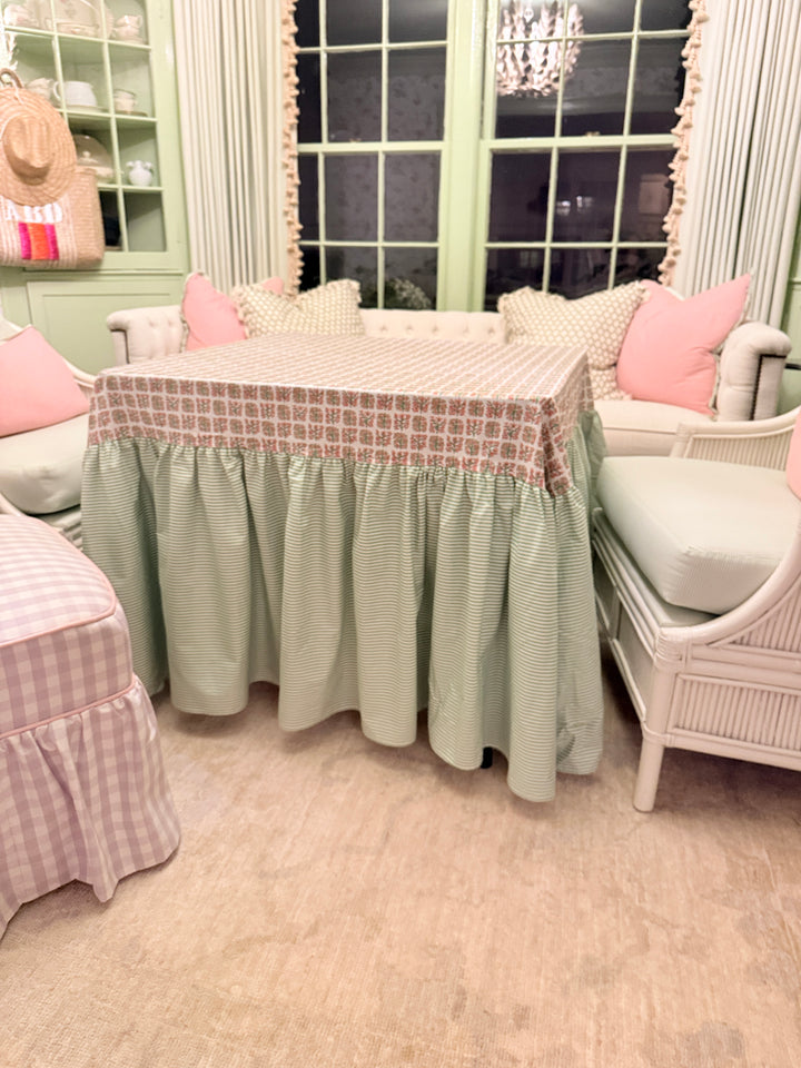 Drop Ruffle Tablecloth in Liberty and Green Stripe