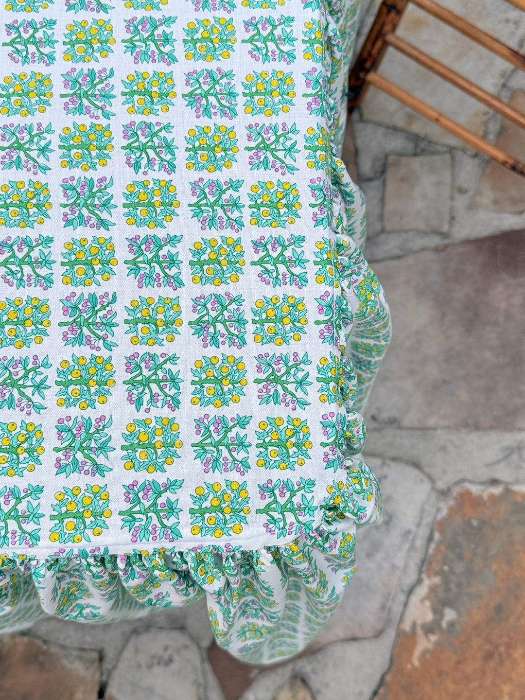 Midi Ruffle Tablecloth in Green Orchard Garden Print