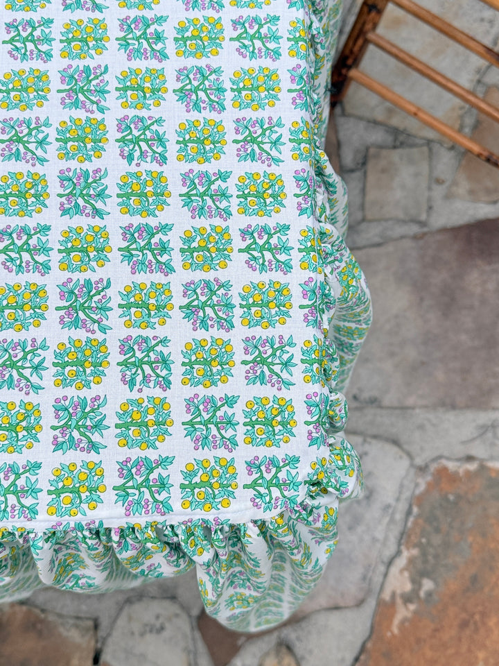 Midi Ruffle Tablecloth in Green Orchard Garden Print