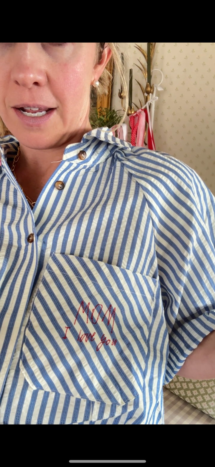 Stripped Bubble Sleeve Button Down with Embroidery