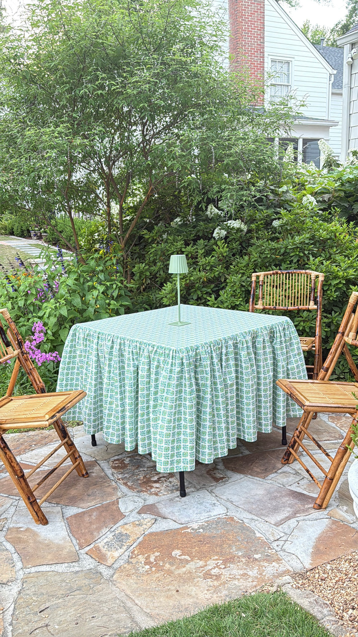 Midi Ruffle Tablecloth in Green Orchard Garden Print