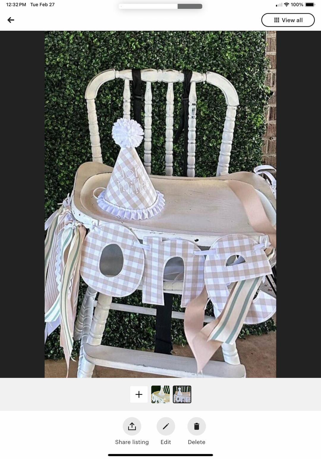 khaki Gingham ONE High Chair Banner