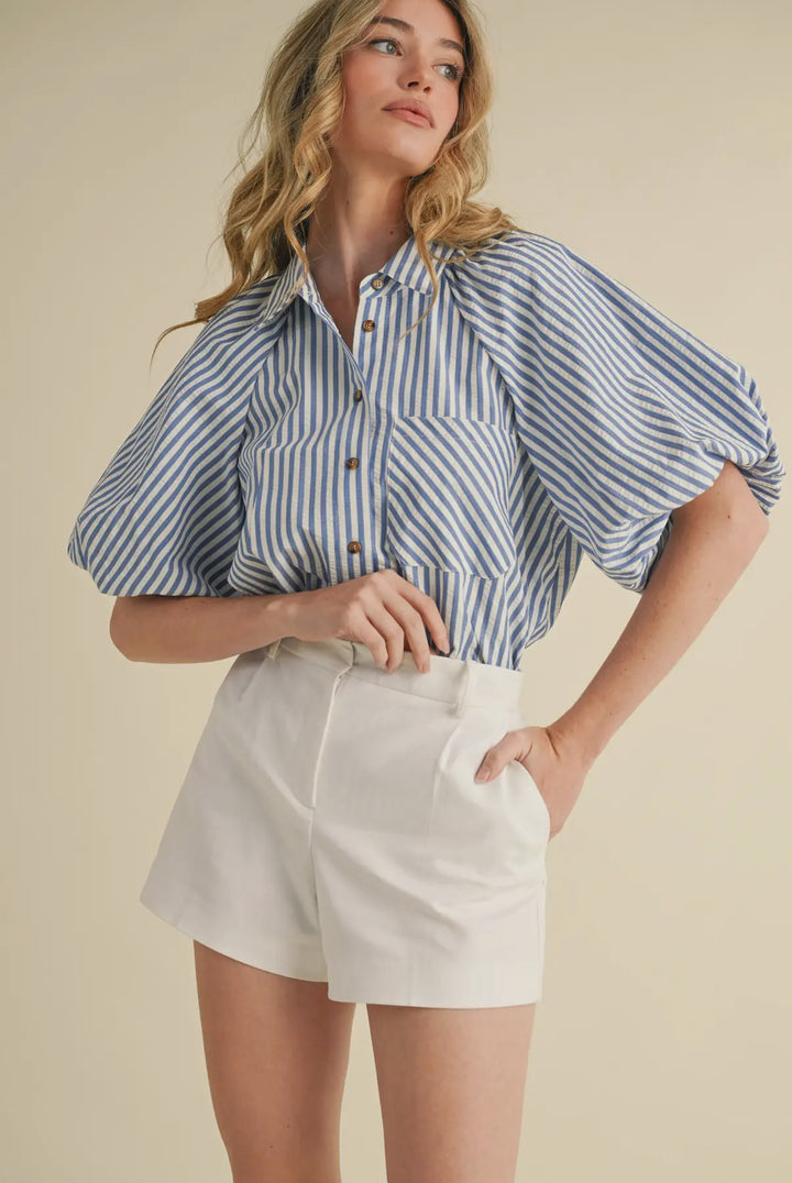 Stripped Bubble Sleeve Button Down with Embroidery