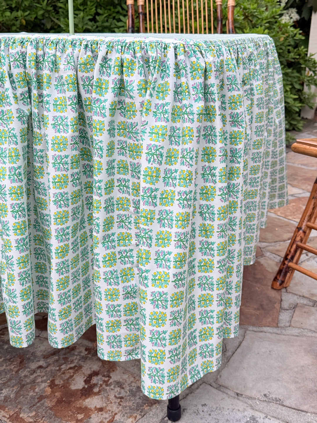 Midi Ruffle Tablecloth in Green Orchard Garden Print